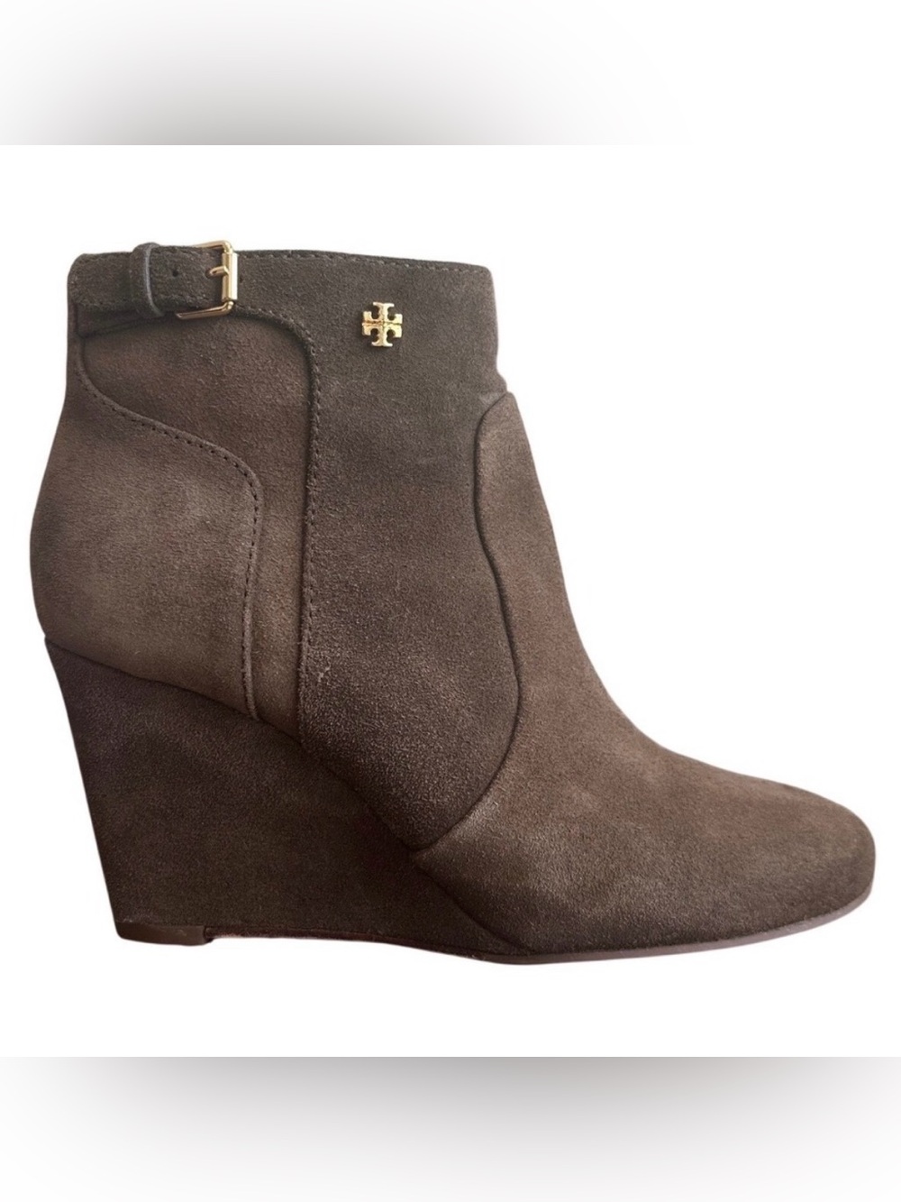 Tory Burch Milan 85mm Wedge Booties Lan Grey Suede Gold Logo Size 7
